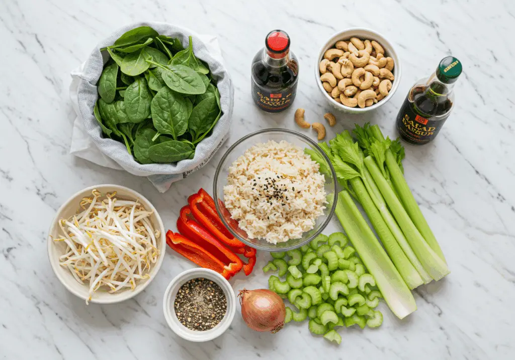 Ingrédients frais salade d'amour épinards germées cashew riz
