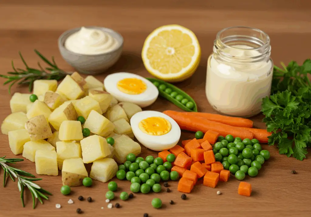 Ingrédients frais pour salade crémeuse pomme de terre disposés style estival