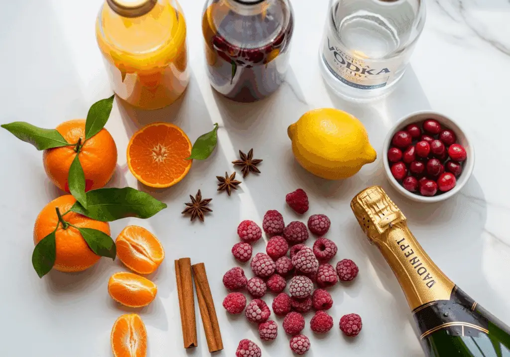 Ingrédients frais sangria Noël agrumes fruits rouges épices