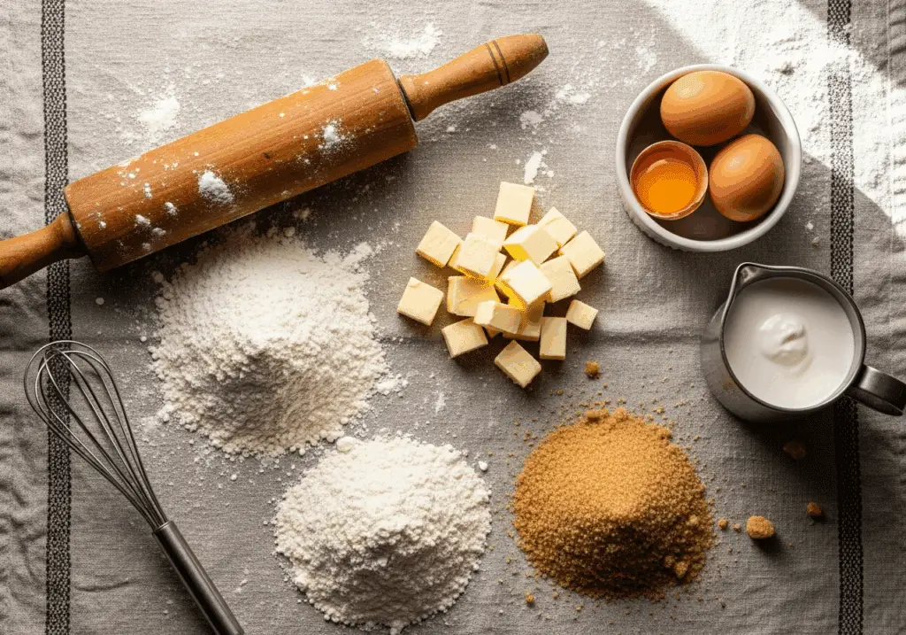 Ingrédients simples pour tarte sucre Ch'ti disposés style nordiste rustique