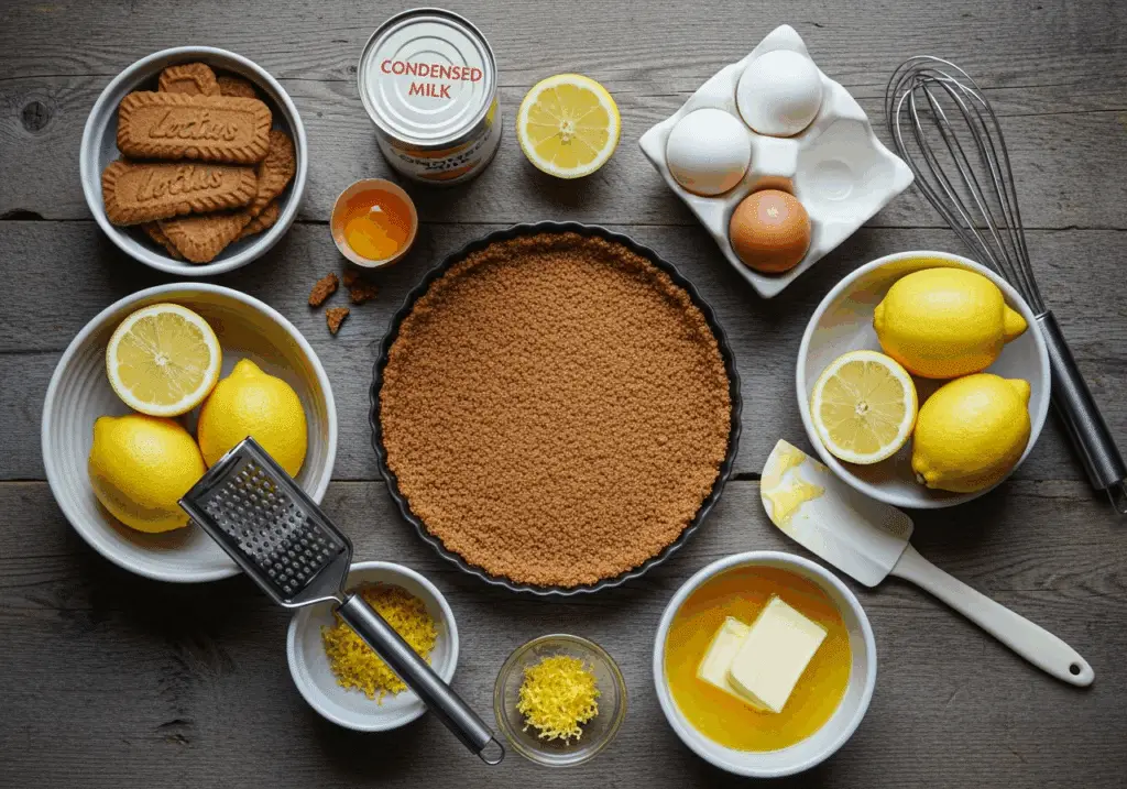 Ingrédients frais pour tartelette citron spéculoos disposés style élégant