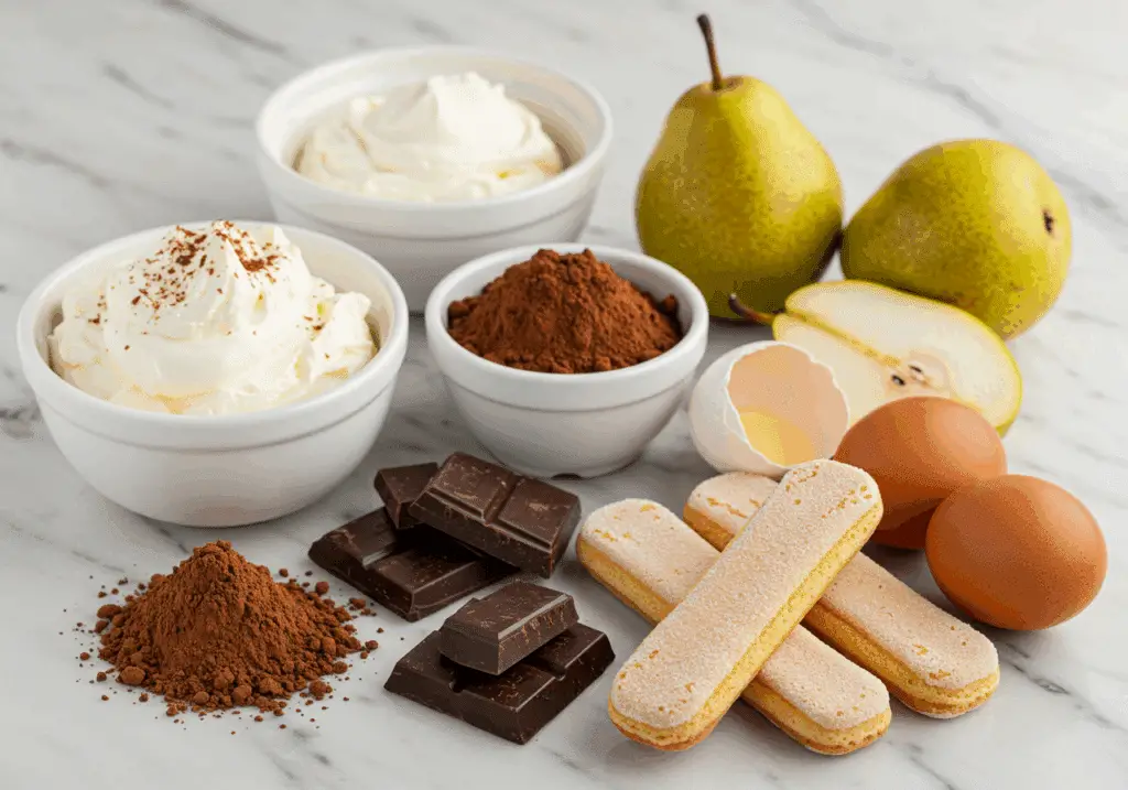 Ingrédients premium tiramisu chocolat poires mascarpone qualité