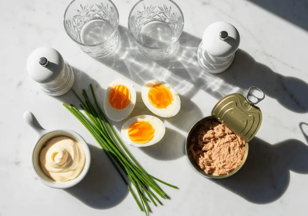 Ingrédients verrines thon : œufs thon mayonnaise ciboulette sel poivre