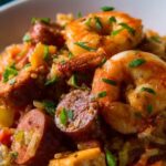 Jambalaya créole savoureuse cocotte fonte crevettes saucisses poulet