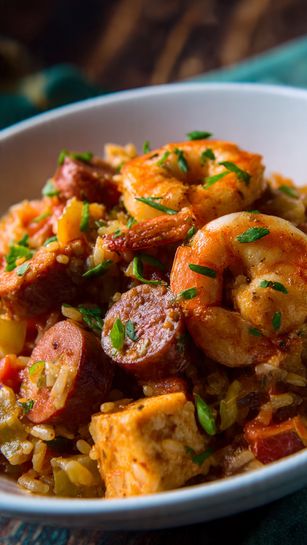 Jambalaya créole savoureuse cocotte fonte crevettes saucisses poulet