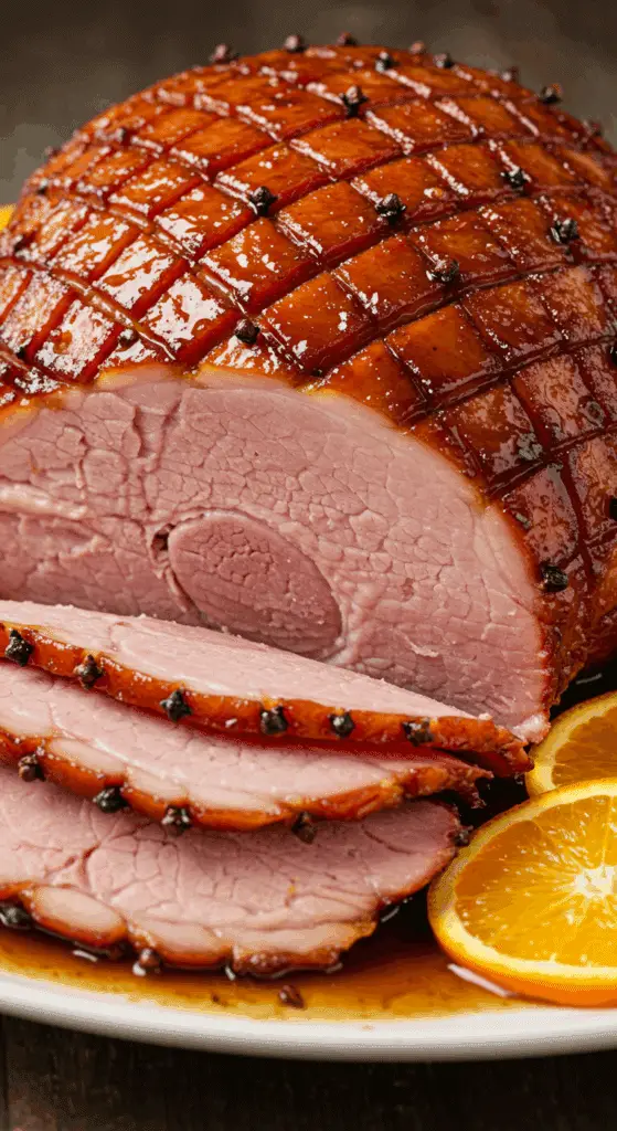 Jambon glacé pommes bourbon fumé BBQ glaçage brillant caramélisé doré