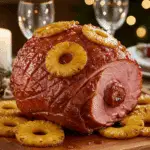 Jambon Noël ananas tranches caramélisées clous girofle glaçage doré festif