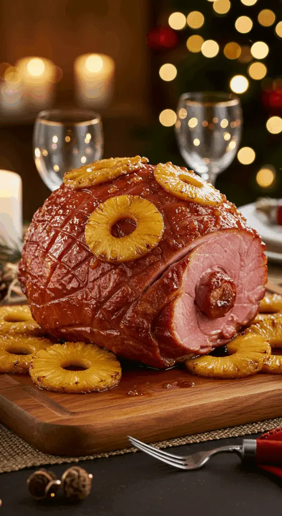 Jambon Noël ananas tranches caramélisées clous girofle glaçage doré festif