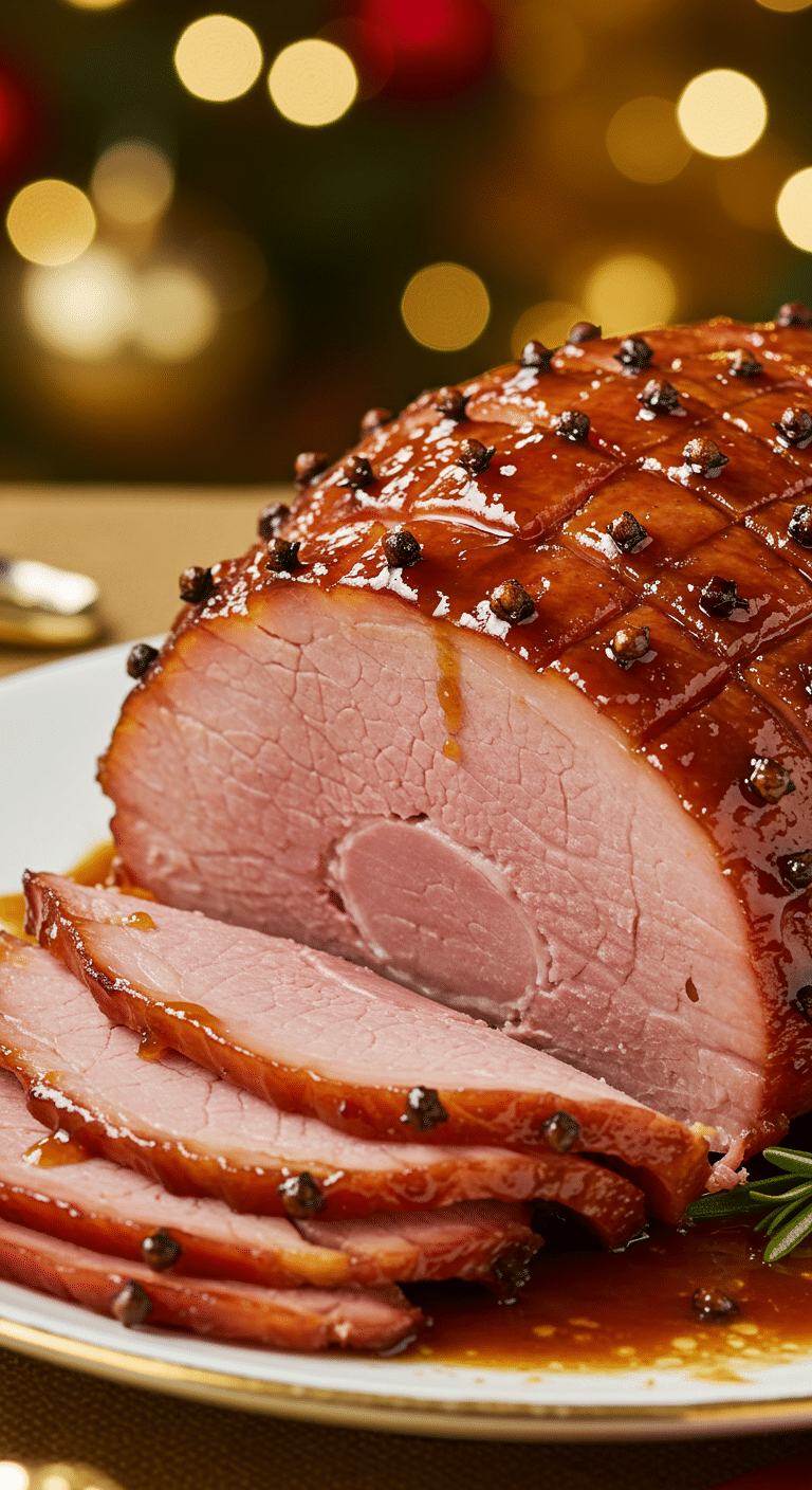 Jambon de Noël aux épices et à l'orange glacé brillant festif