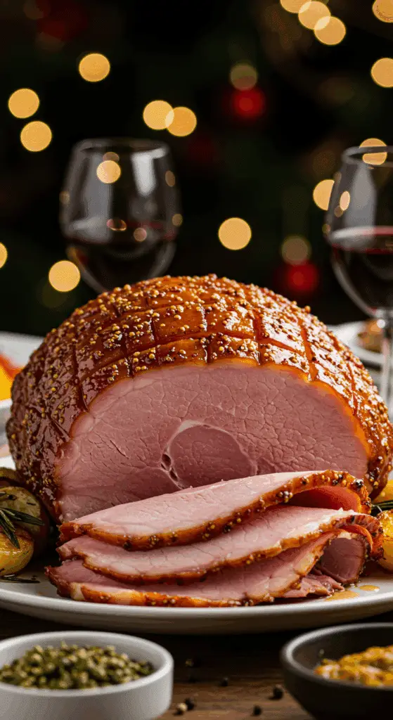 Jambon Noël sauce miel moutarde fumé glacé brillant spectaculaire
