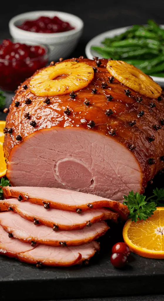 Jambon de Noël traditionnel glacé miel caramélisé brillant festif