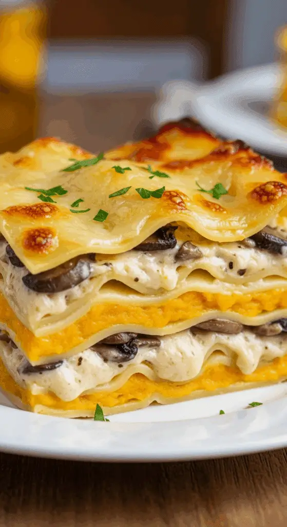 Lasagnes automne courge butternut champignons gratinées dorées