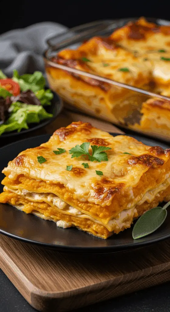 Lasagnes à la courge et au fromage cuites au four avec dessus gratiné doré, coupées pour montrer couches