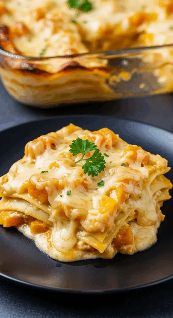 Lasagnes à la courge et au fromage gratinées dans un plat blanc avec fromage doré et couches visibles
