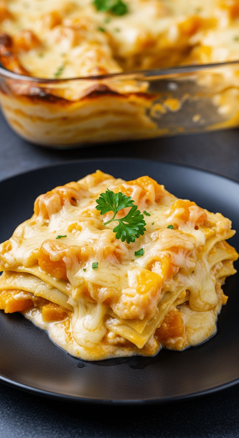 Lasagnes à la courge et au fromage gratinées dans un plat blanc avec fromage doré et couches visibles