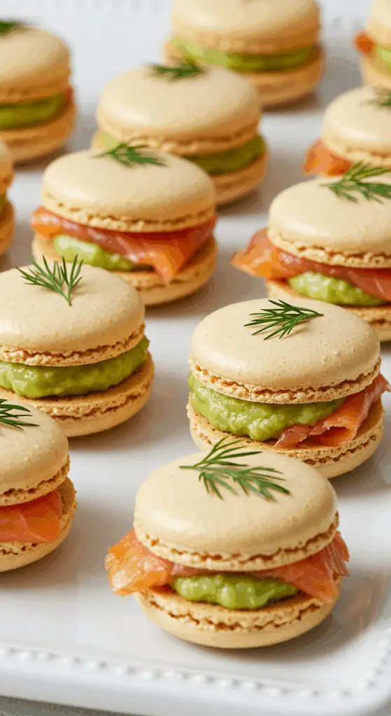 Macarons salés saumon fumé crème avocat citronnée coques orange garniture verte aneth