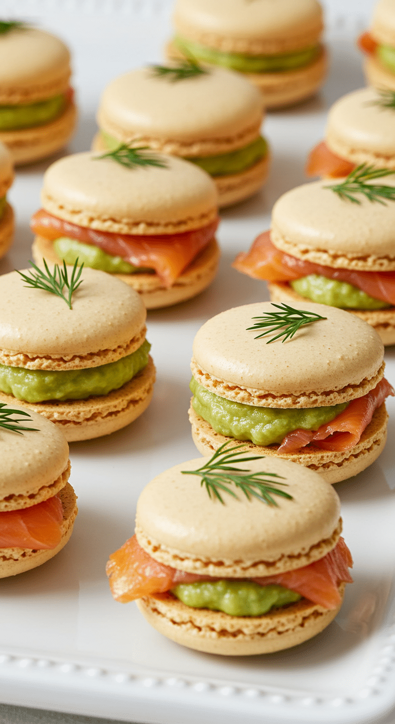 Macarons salés saumon fumé crème avocat citronnée coques orange garniture verte aneth