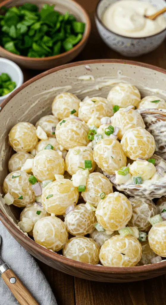 Mélange délicat salade crémeuse pomme de terre avec mayonnaise onctueuse