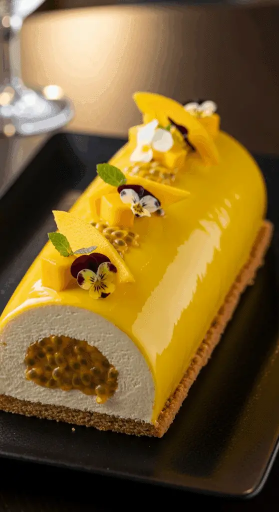 Bûche exotique mangue passion coco – recette Noël fraîche Pinterest