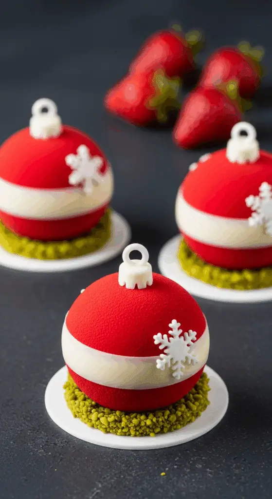 Montage sphères chocolat blanc garnies crème mousseline compotée fraises pistache