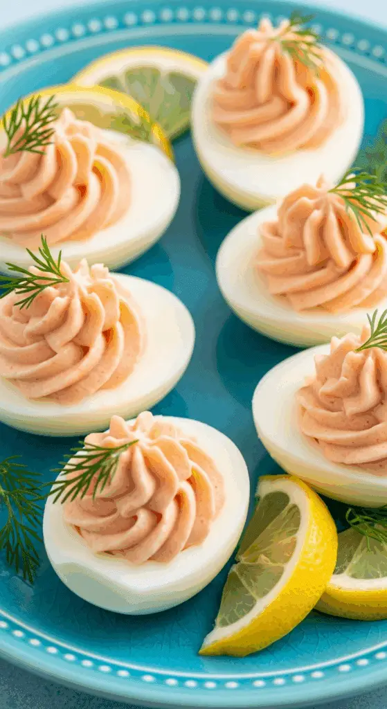 Œufs farcis mousse saumon fumé rose crème aneth élégants