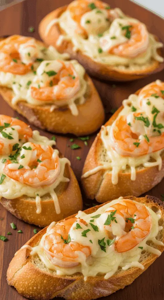 Pain à l'ail gratiné aux crevettes fromage fondu doré spécial Noël