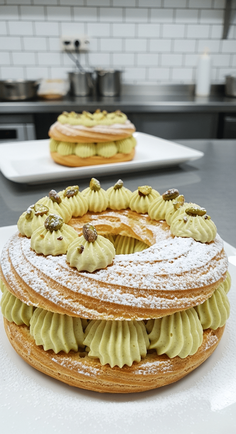 Paris-Brest mousse pistache pâte choux dorée crème verte