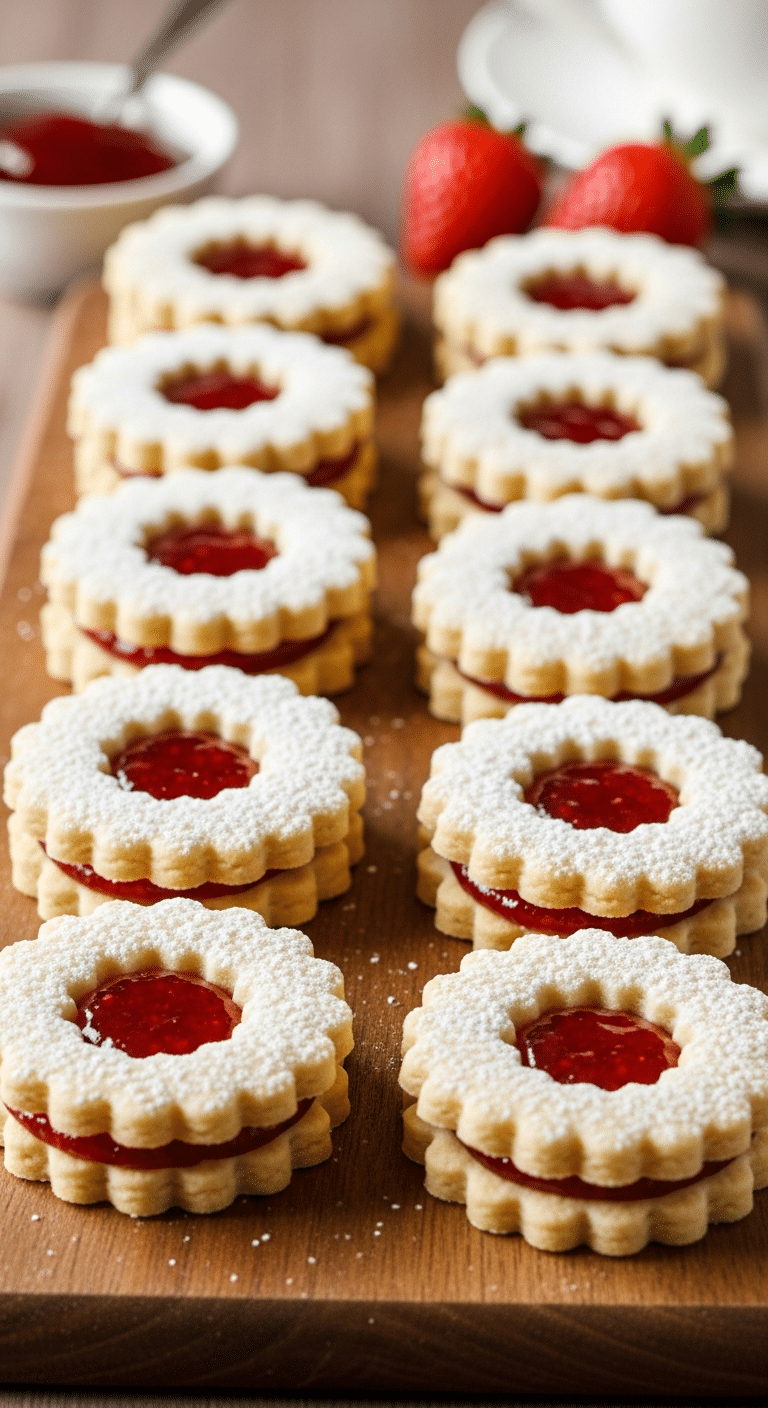Petits sablés fourrés confiture fraises sucre glace élégants