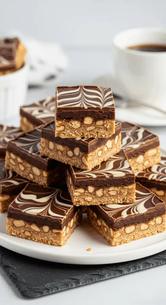 Présentation carrés marbrés chocolat cacahuètes empilés élégante