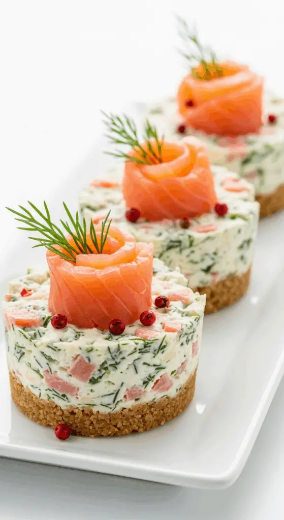 présentation finale mini cheesecakes salés saumon fumé aneth