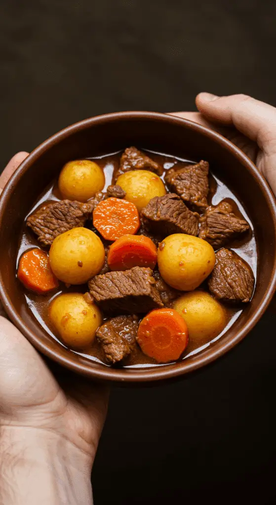 Ragoût bœuf mijotant avec pommes terre carottes sauce onctueuse