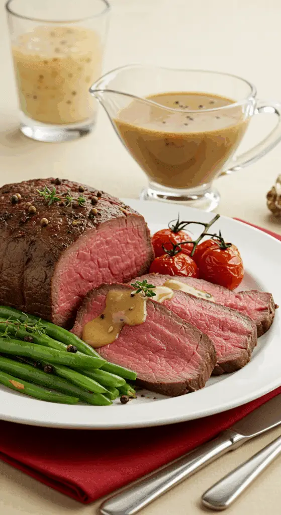 rosbeef sauce au poivre haricots verts ail dorés chic élégant