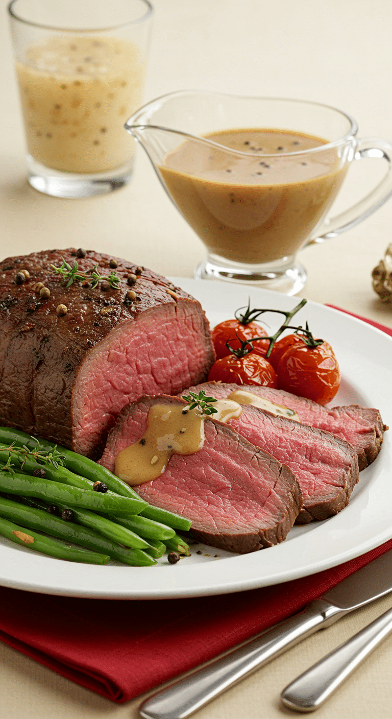 rosbeef sauce au poivre haricots verts ail dorés chic élégant