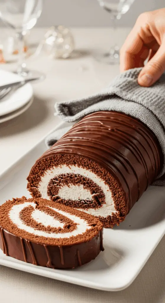 Roulage génoise chocolat tiède dans torchon humide technique professionnelle