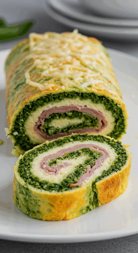 Roulé jambon épinards coupe spirale couches omelette ricotta gratinée dorée