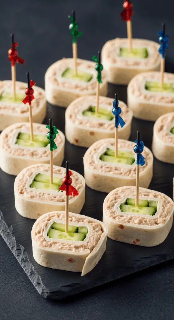 Roulé salé au thon et œufs durs tranché sur plateau blanc montrant la spirale de crème au thon