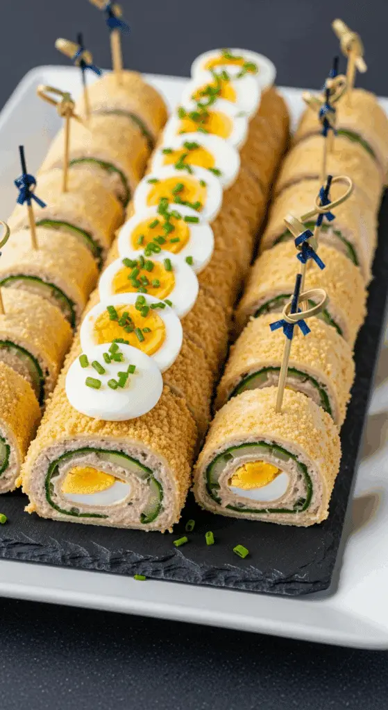 Roulé salé au thon complet enrobé de biscuits émiettés et décoré d'œufs durs et ciboulette