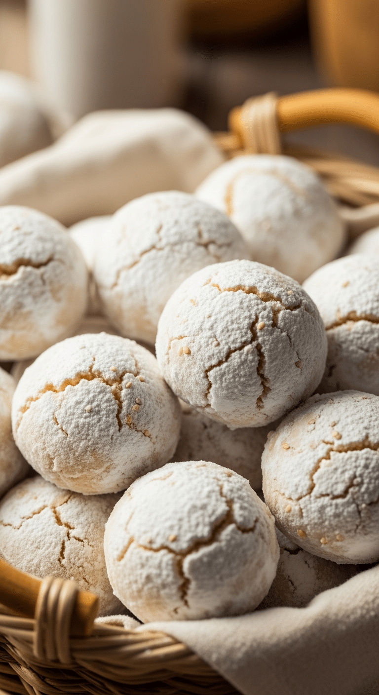 Sablés fondants au sésame et fleur d'oranger enrobés de sucre glace sur plateau marocain doré