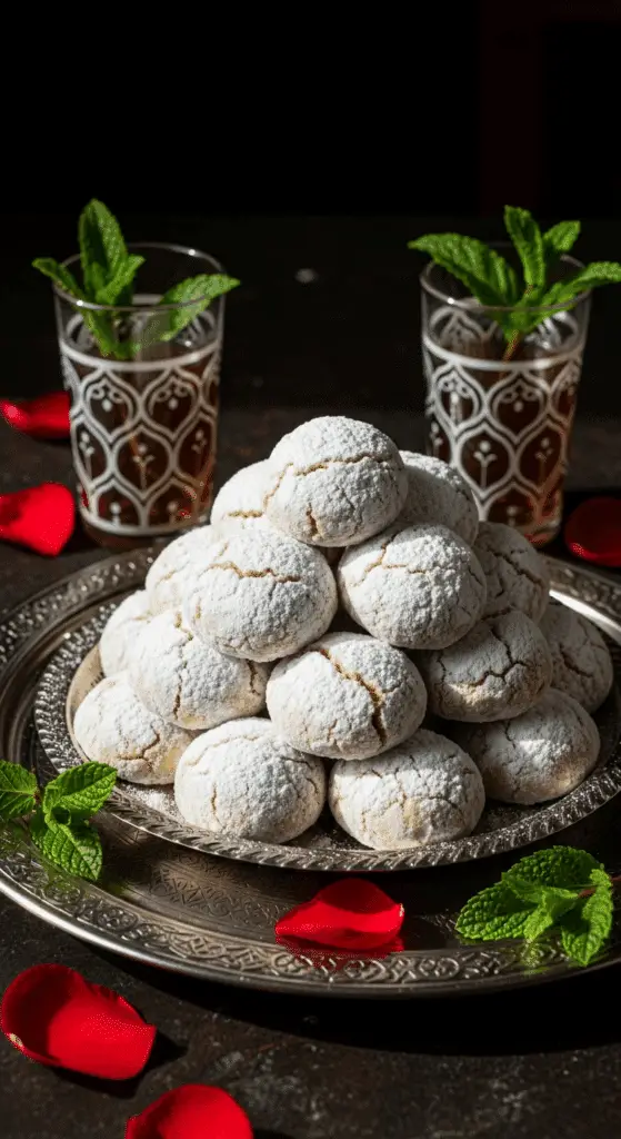 Sablés fondants sésame fleur d'oranger disposés en pyramide sur plateau argenté avec thé à la menthe