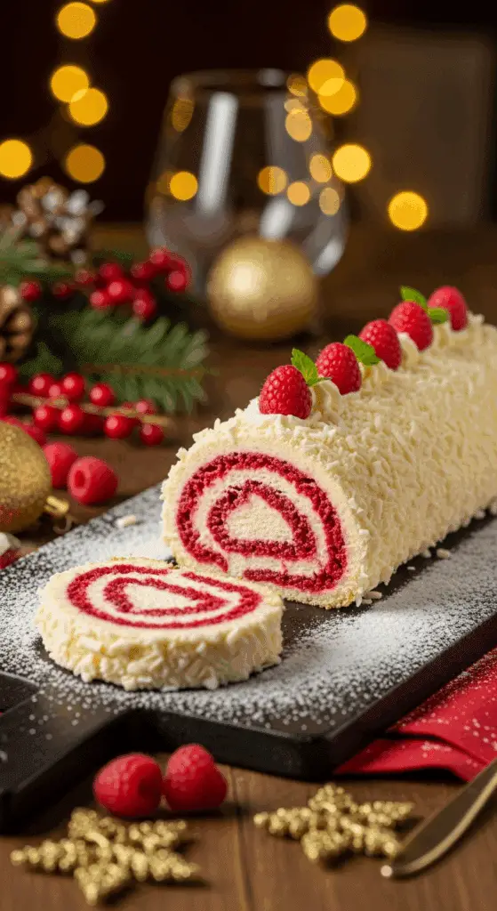 Service élégant bûche framboises chocolat blanc tranche spirale