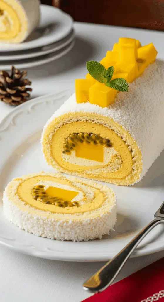 Tranche bûche mangue passion coco service élégant assiette
