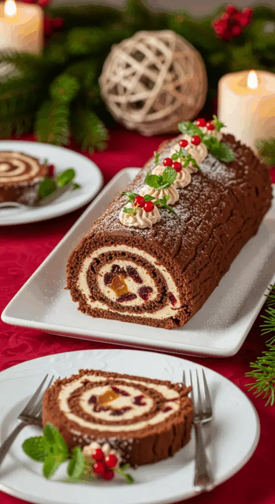 Service élégant bûche Noël recette facile tranches parfaites