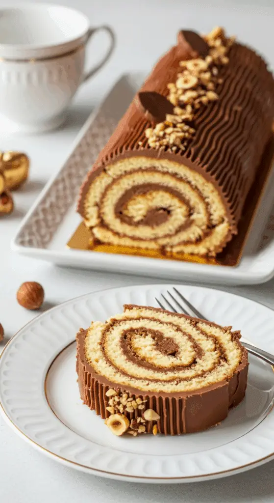 Tranche bûche praliné service élégant spirale crème visible