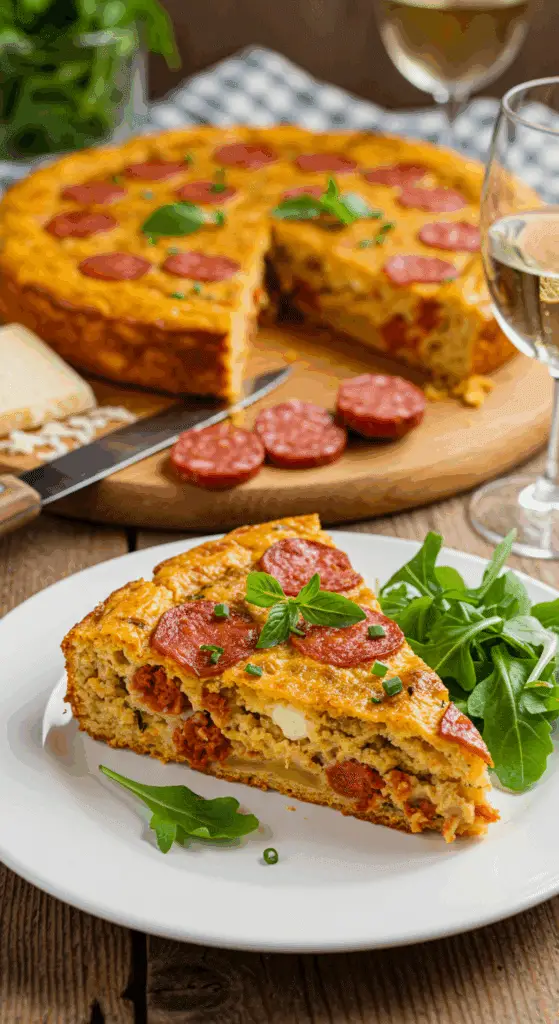 Service élégant cake chorizo salade verte assiette blanche