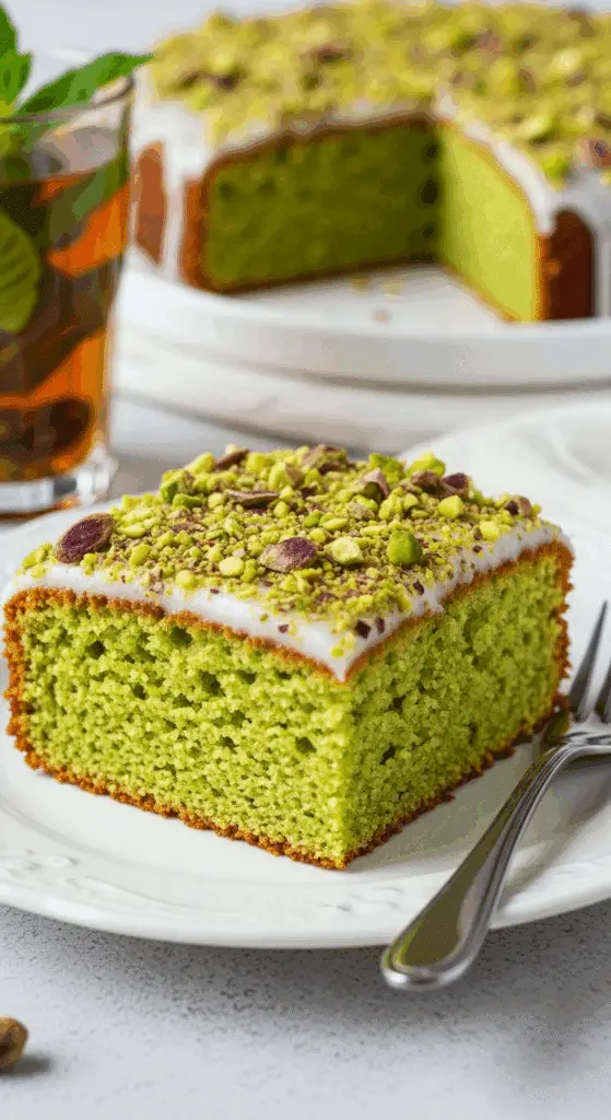 Tranche cake pistache fleur oranger service élégant thé menthe