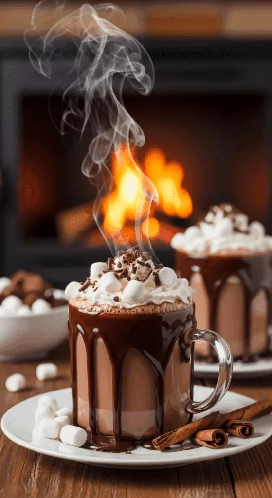 Service chocolat chaud maison tasses chantilly marshmallows cosy