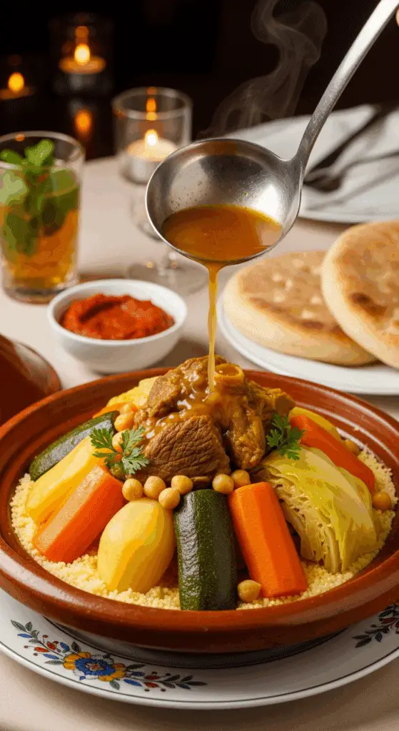 Service couscous marocain 7 légumes assiette traditionnelle généreuse