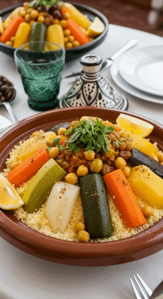 Service élégant couscous marocain plateau traditionnel légumes colorés