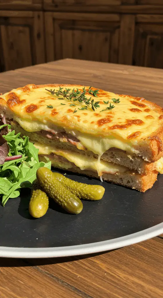 Service élégant croque-monsieur montagnard salade verte accompagnement