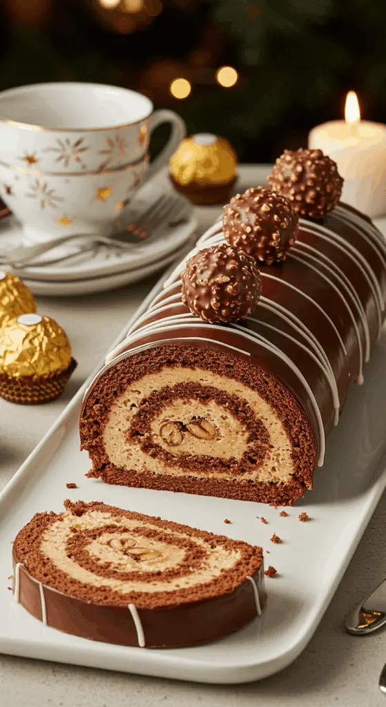 Service élégant bûche Ferrero Companion tranches spirale chocolat